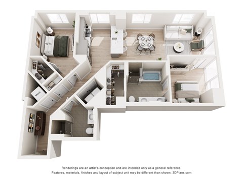 Floor plan for 2 beds, 2 baths, 1152 sqft